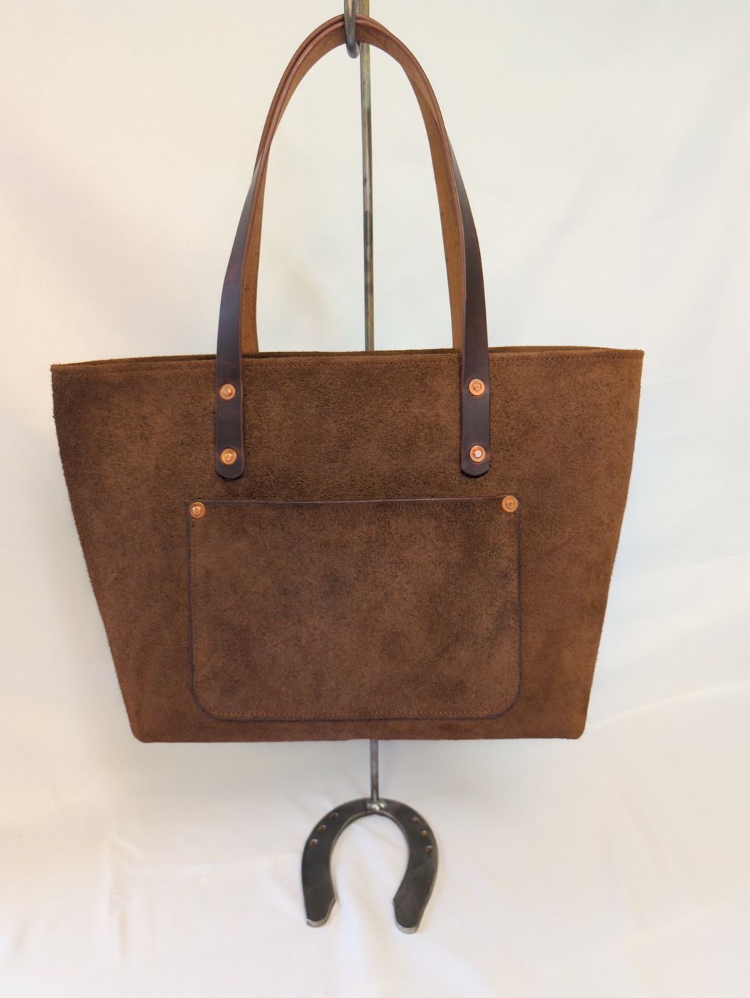 Brown suede zipper tote, front view