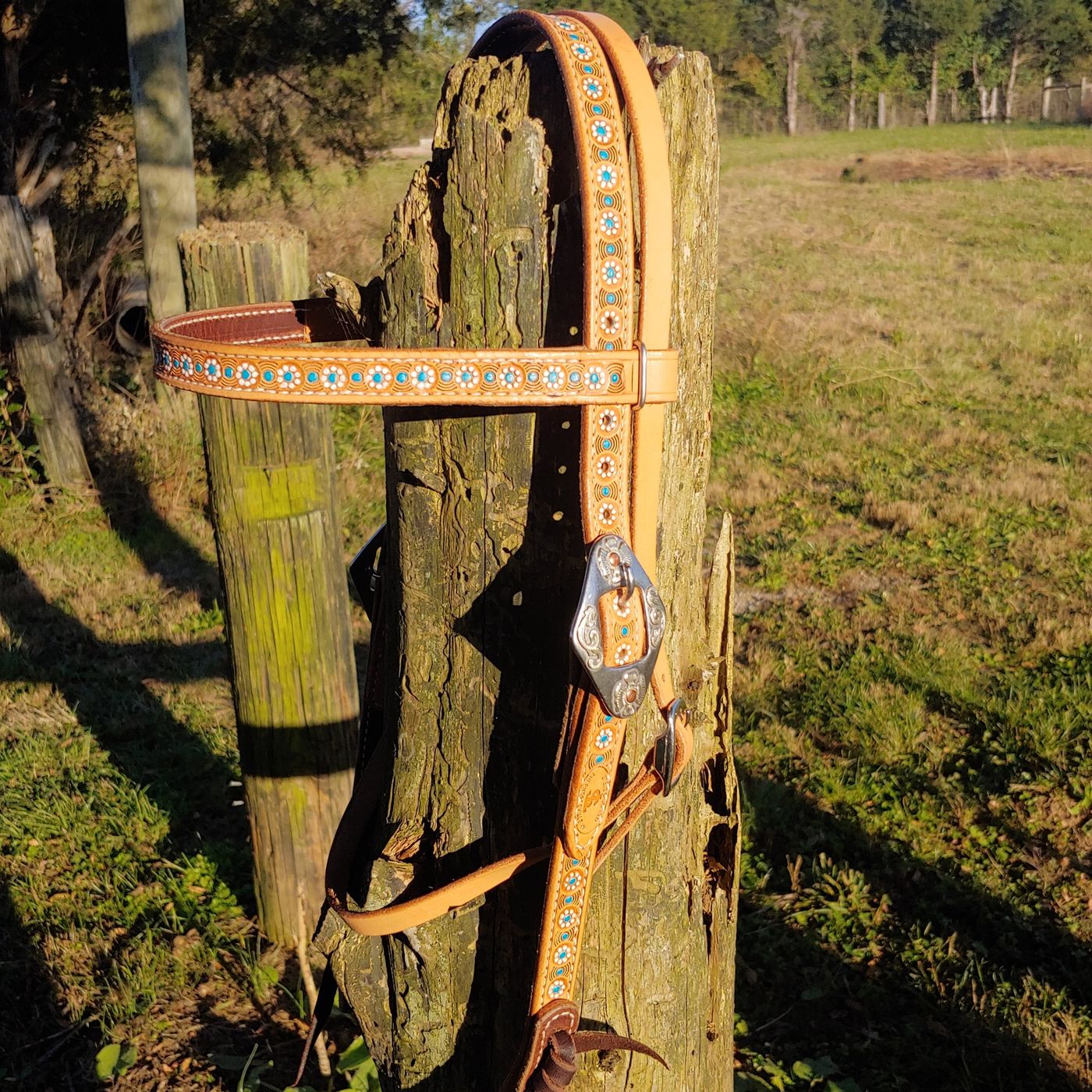 Headstall with turquoise dot inlay and engraved silver buckle