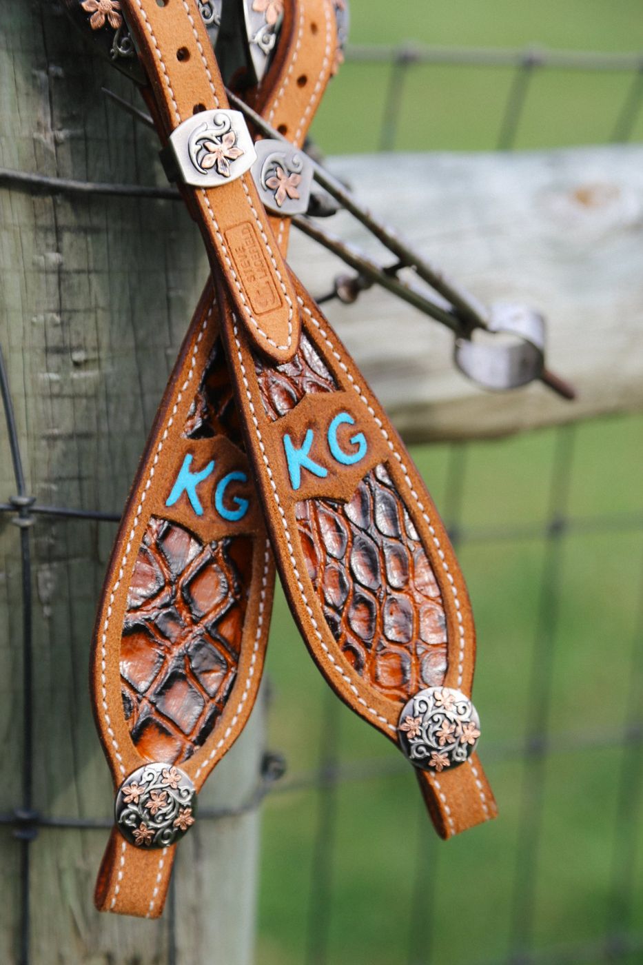 Gator inlay spur straps with turquoise painted KG initials